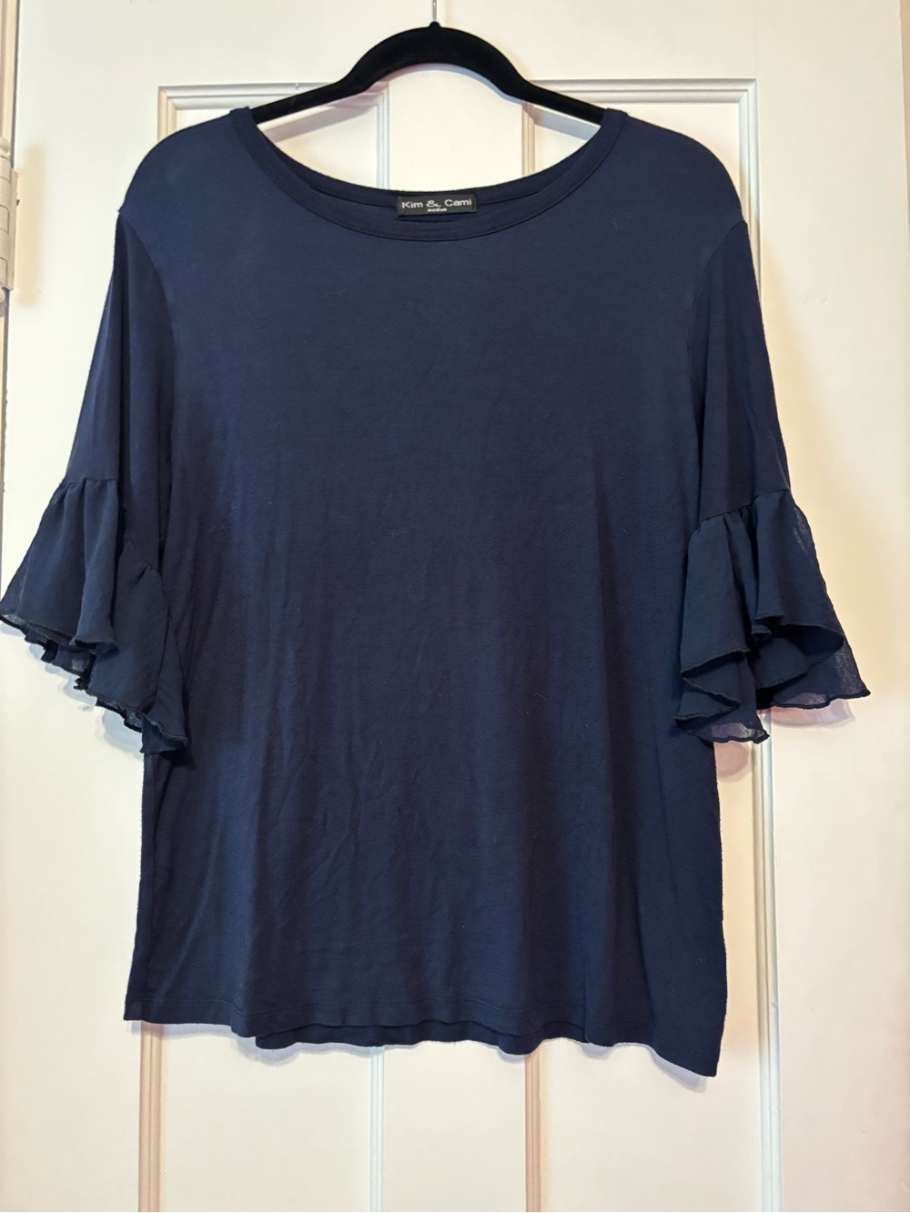 Kim & Cami Navy Ruffle Sleeve Short Sleeve Top